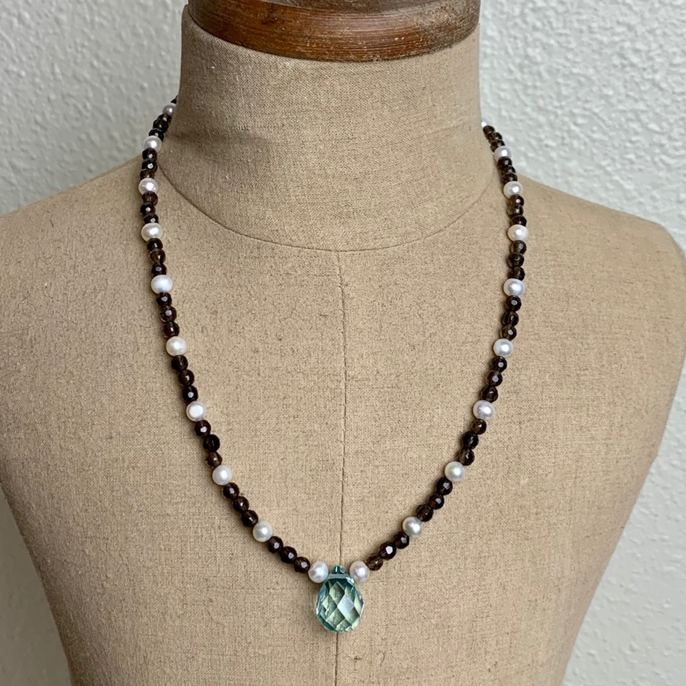 Smoky Quartz, Pearl Necklace, Blue Crystal Pendant Beaded